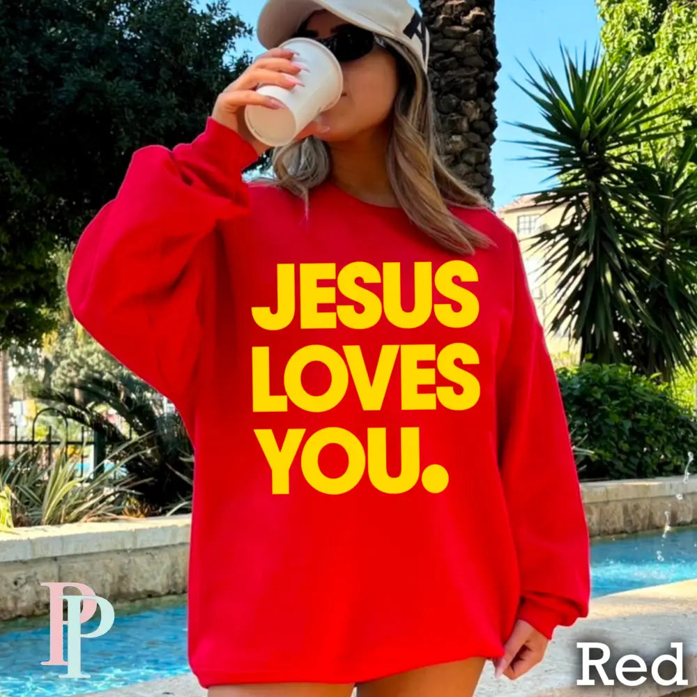 Jesus Loves You Crewneck Sweatshirt Red / Small