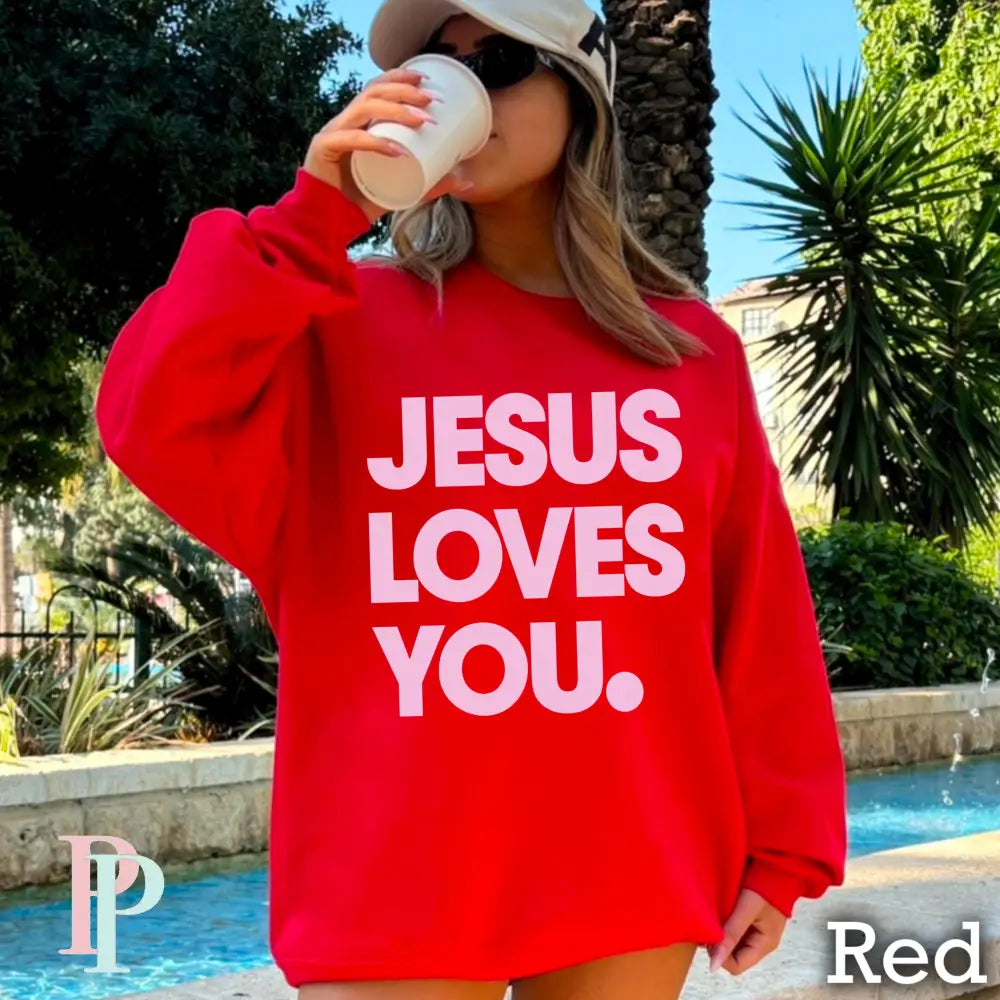 Jesus Loves You Crewneck Sweatshirt Red / Small