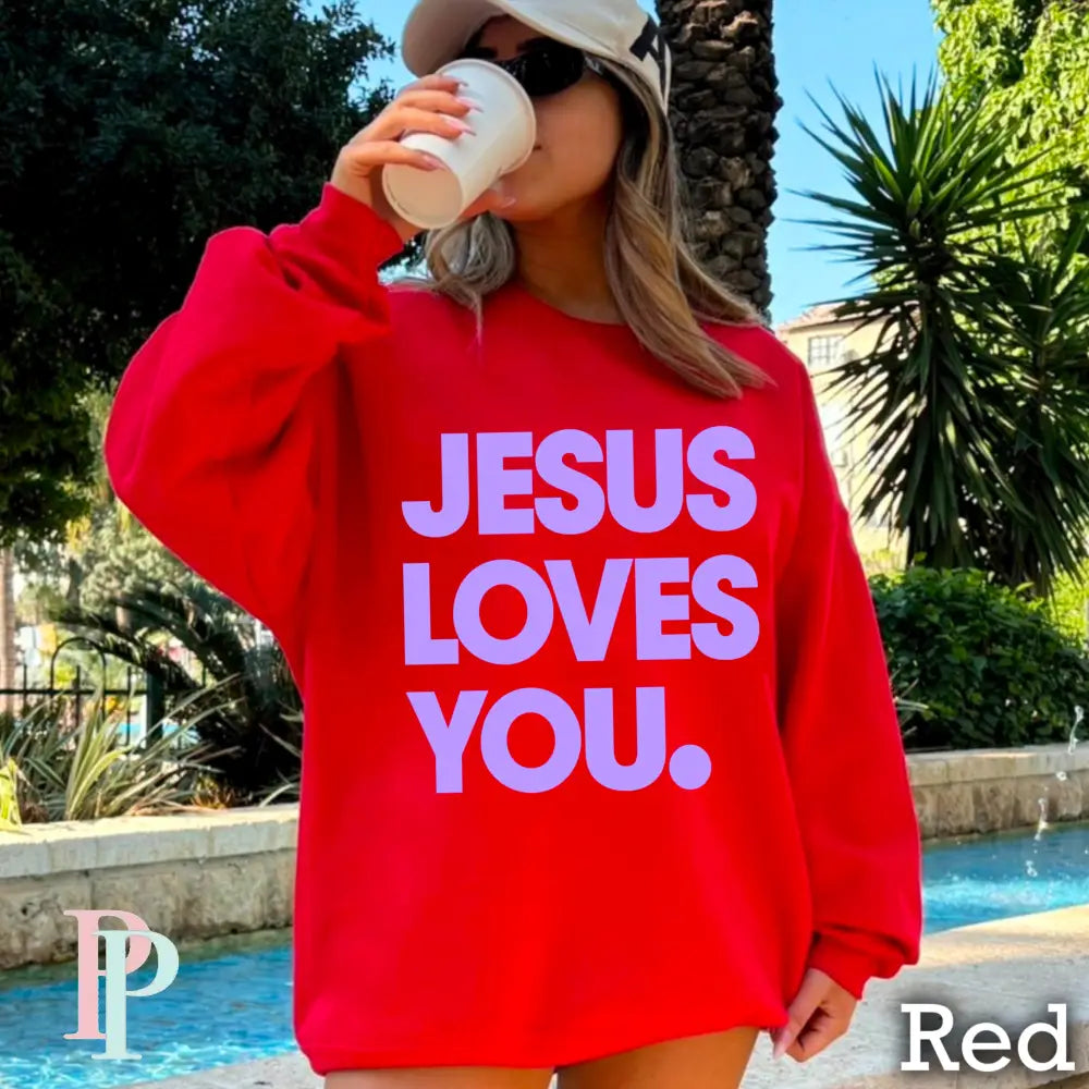 Jesus Loves You Crewneck Sweatshirt Red / Small