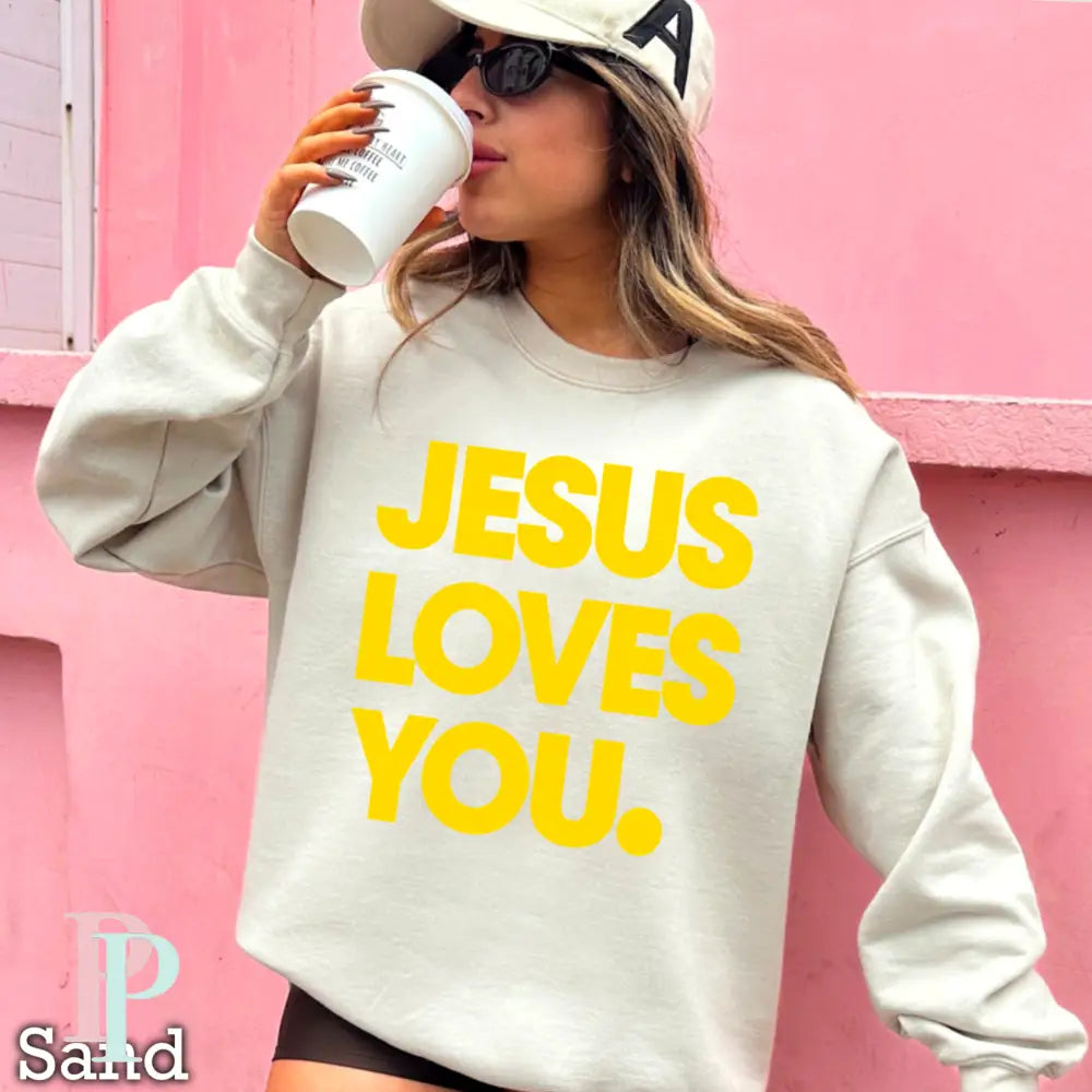 Jesus Loves You Crewneck Sweatshirt Sand / Small