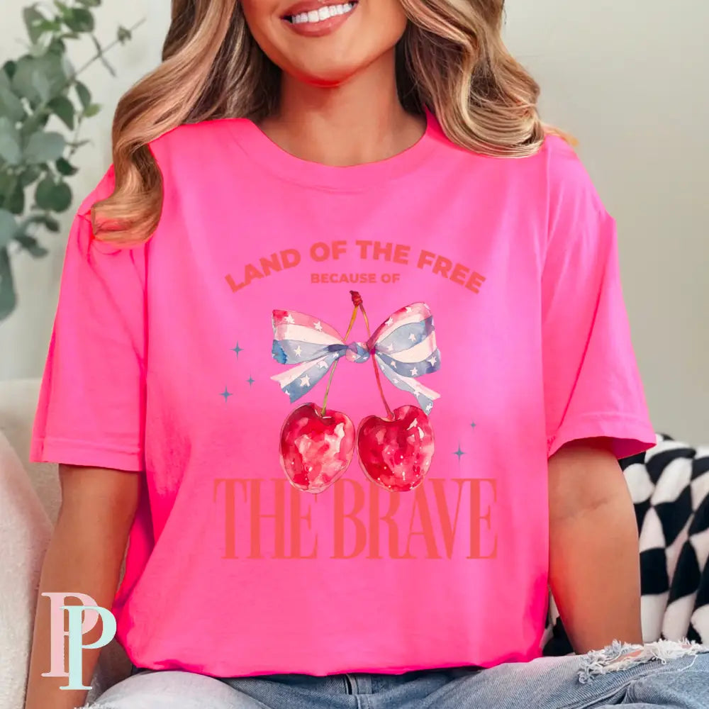 Land Of The Free Because Of The Brave Comfort Color Graphic Tee SMALL / NEON PINK