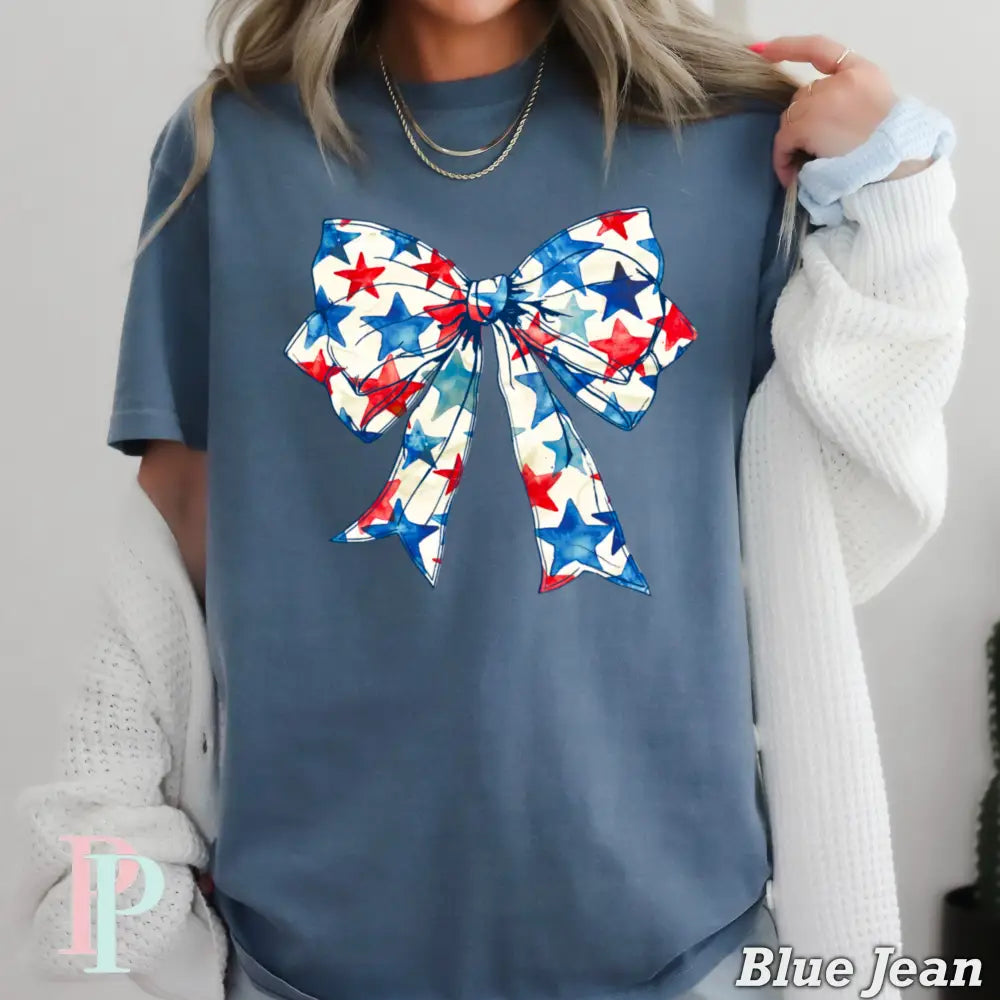 Patriotic Coquette Bow Comfort Color Graphic Tee BLUE JEAN / SMALL