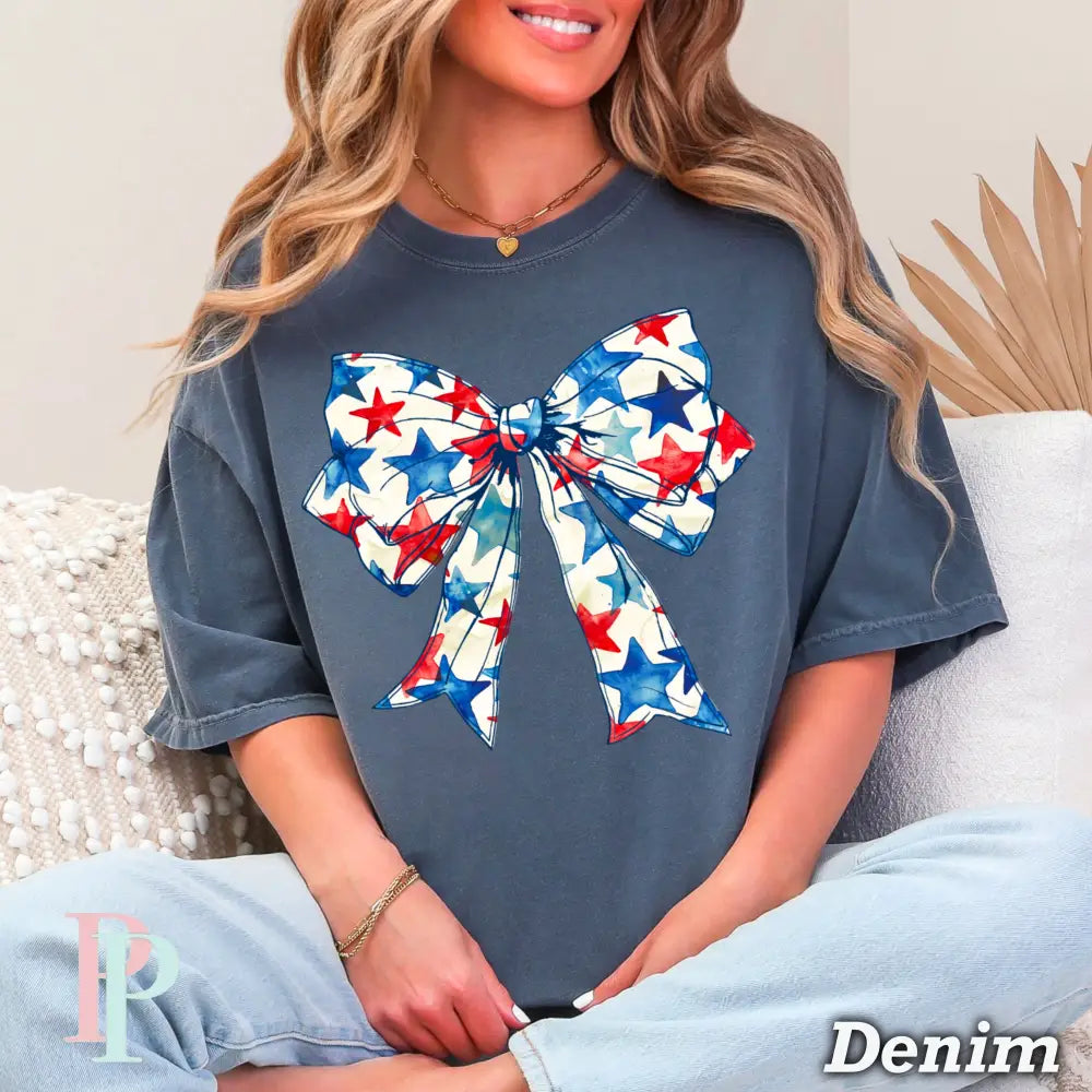 Patriotic Coquette Bow Comfort Color Graphic Tee DENIM / SMALL