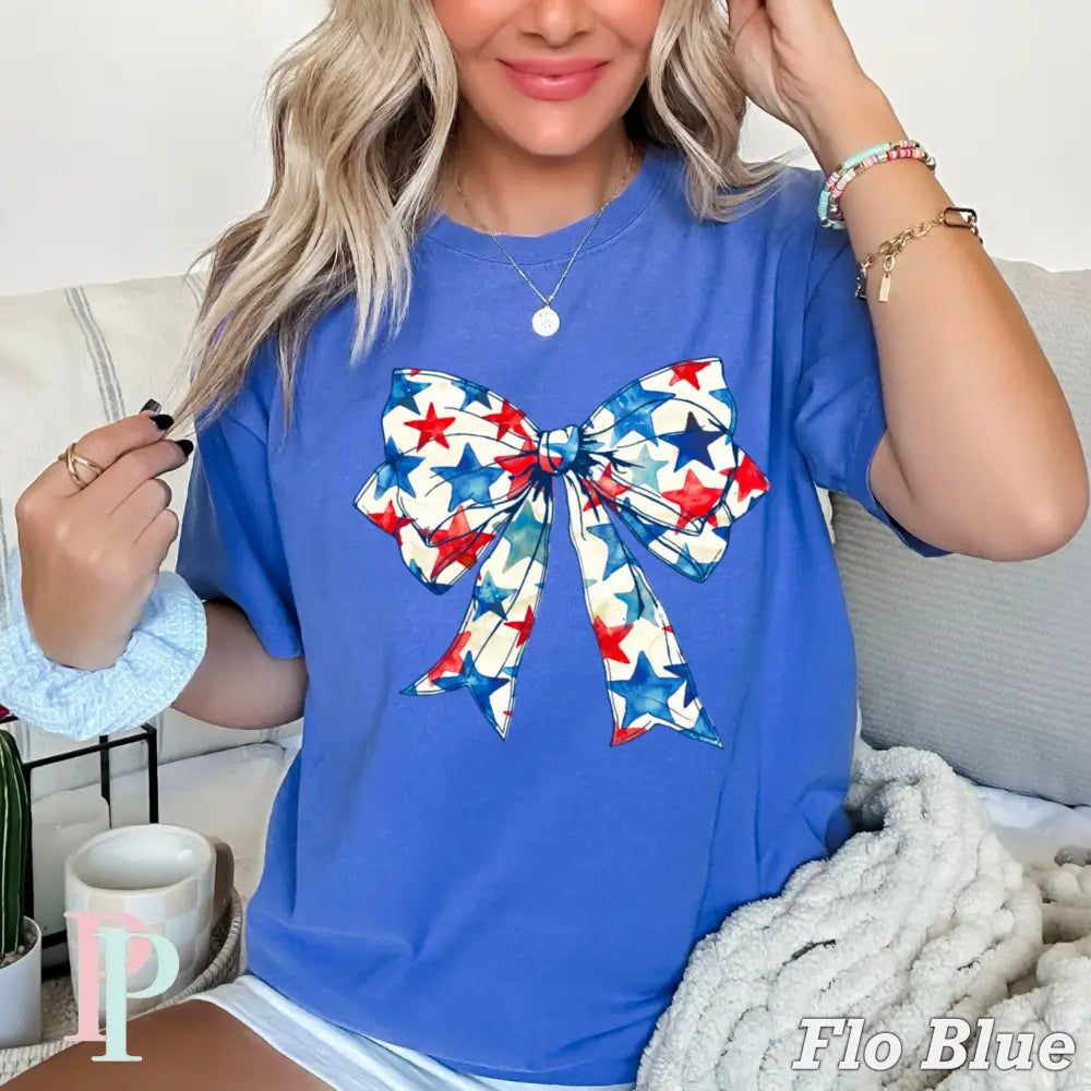 Patriotic Coquette Bow Comfort Color Graphic Tee FLO BLUE / SMALL