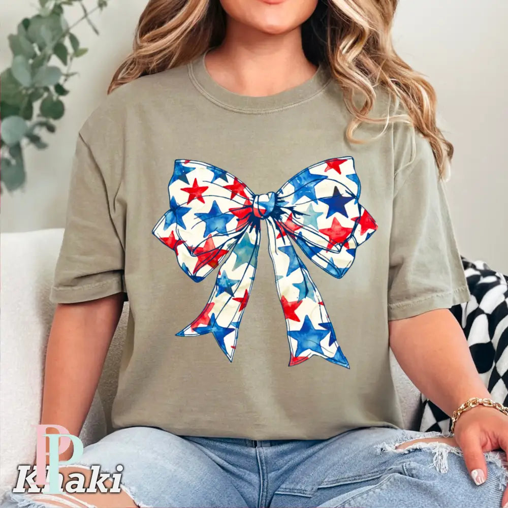 Patriotic Coquette Bow Comfort Color Graphic Tee KHAKI / SMALL