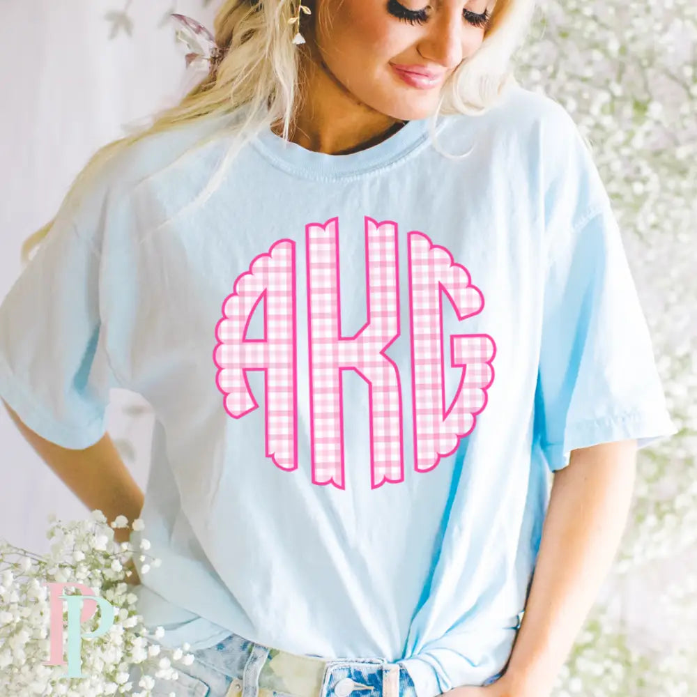 Pink Gingham Comfort Color Monogram Graphic Tee