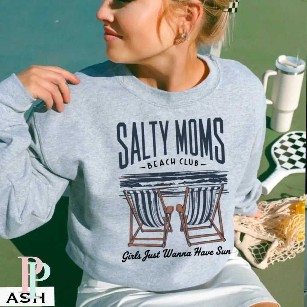 Salty Moms Beach Club Crewneck Sweatshirt Ash / Small