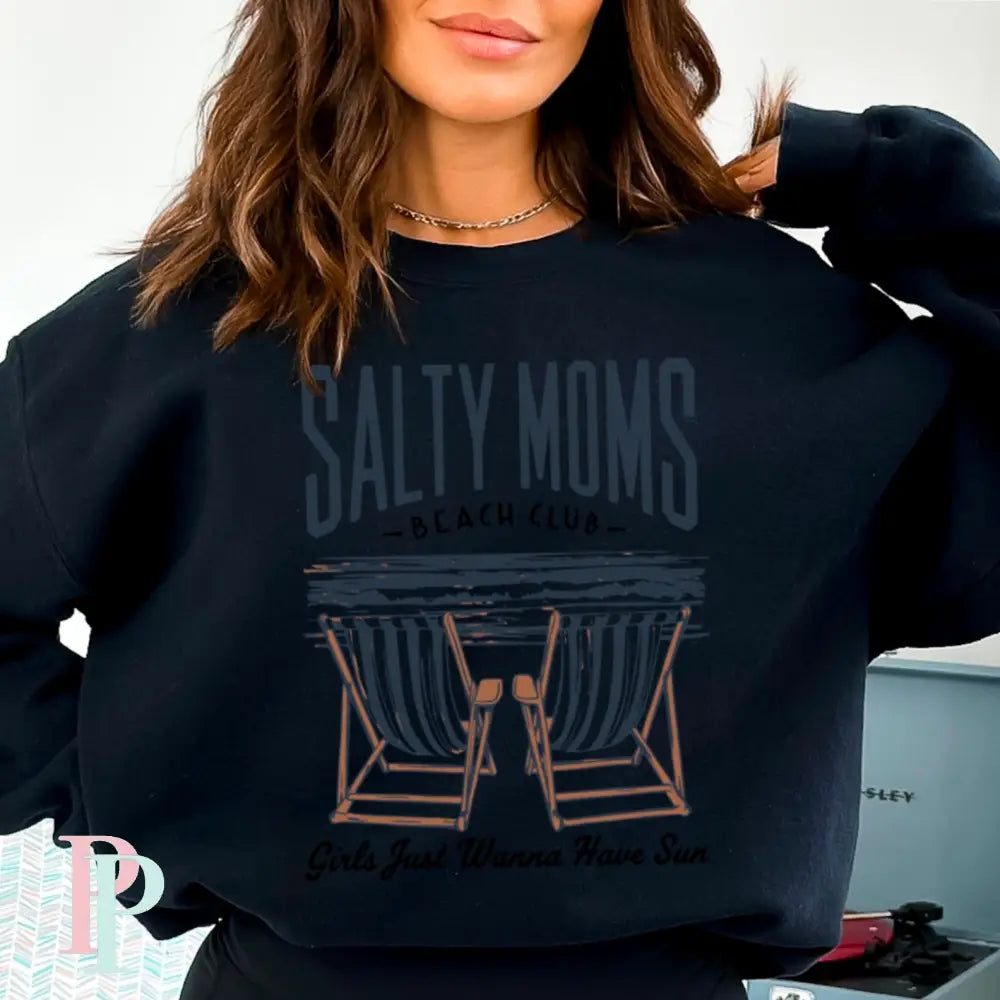 Salty Moms Beach Club Crewneck Sweatshirt Black / Small