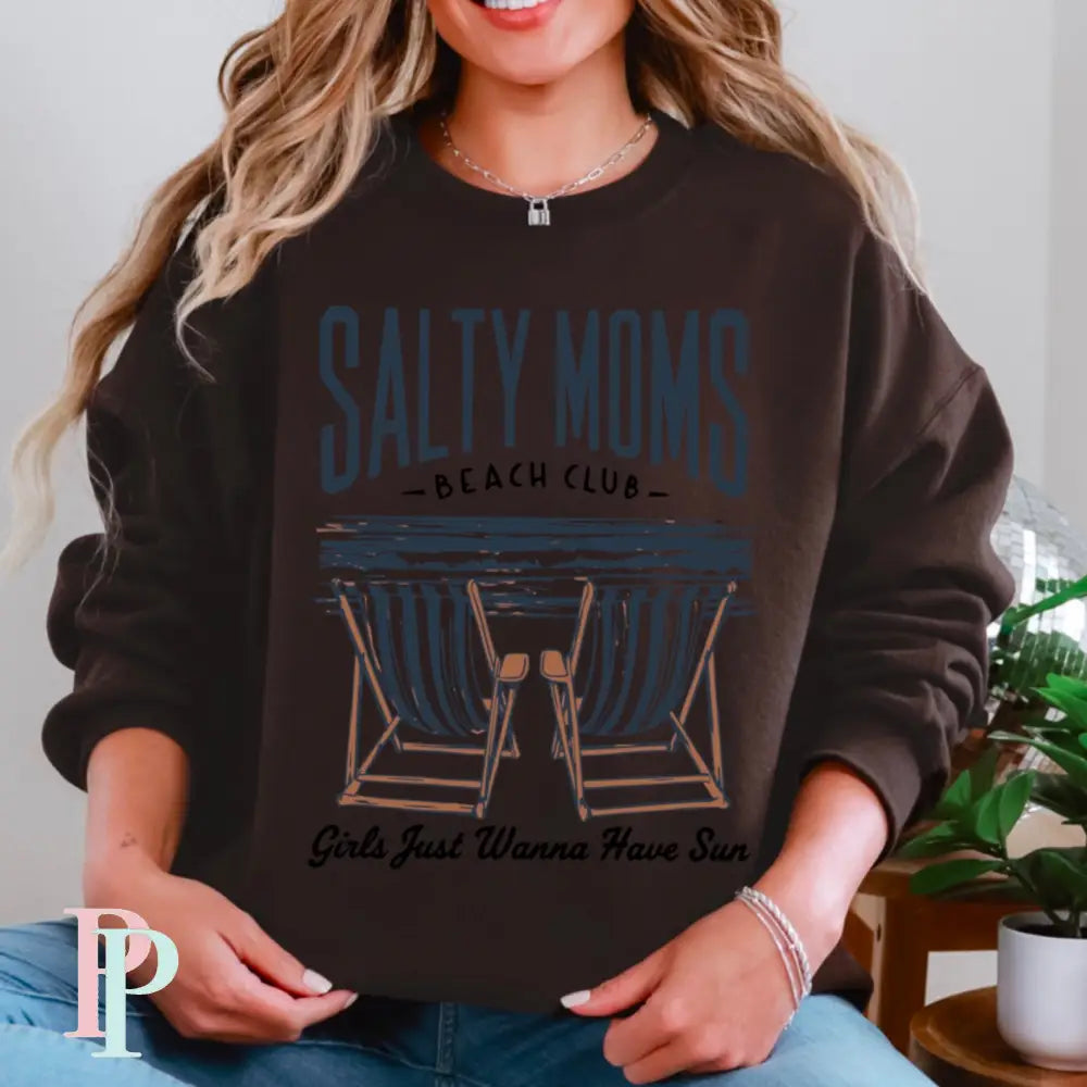 Salty Moms Beach Club Crewneck Sweatshirt Brown / Small