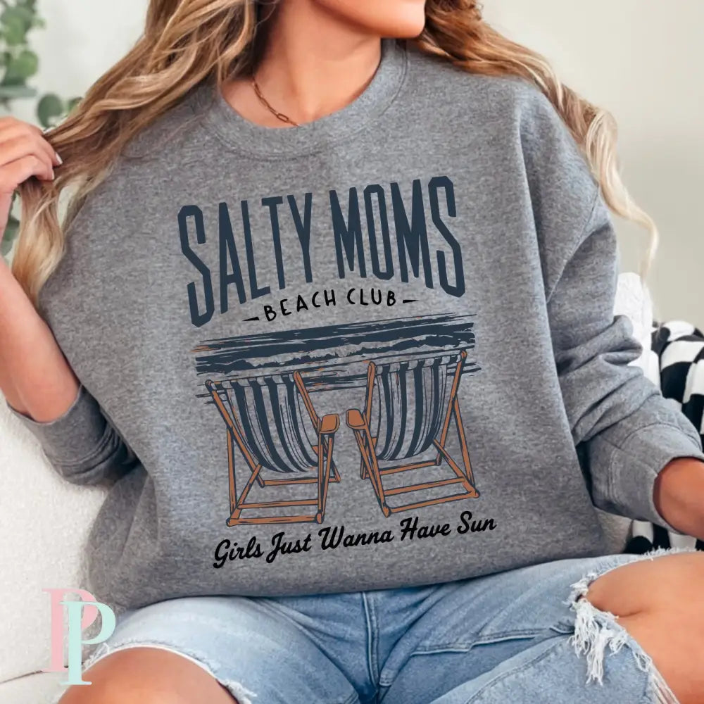 Salty Moms Beach Club Crewneck Sweatshirt Dark Heather Gray / Small