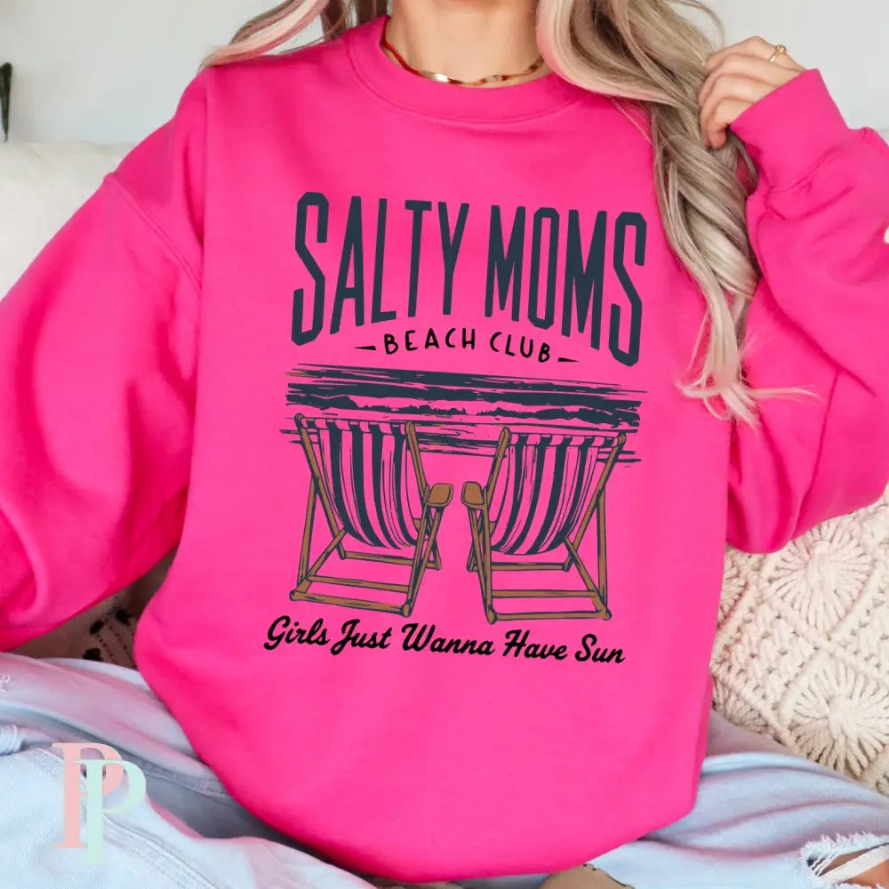 Salty Moms Beach Club Crewneck Sweatshirt Hot Pink / Small