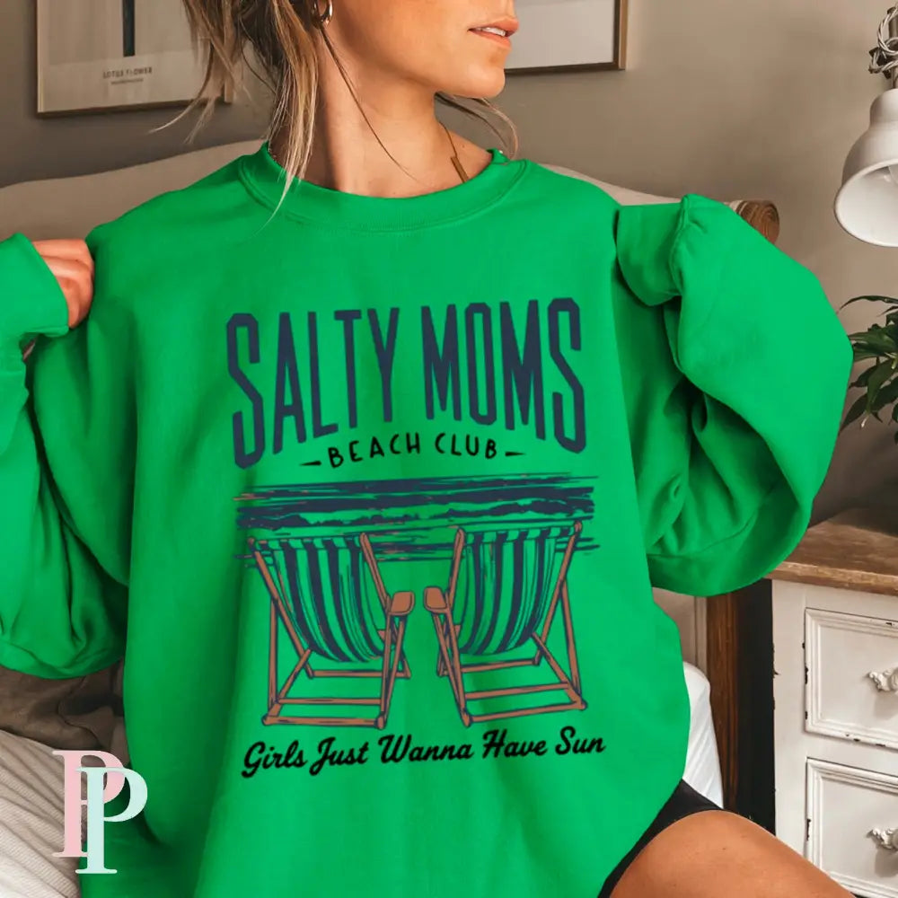 Salty Moms Beach Club Crewneck Sweatshirt Irish Green / Small