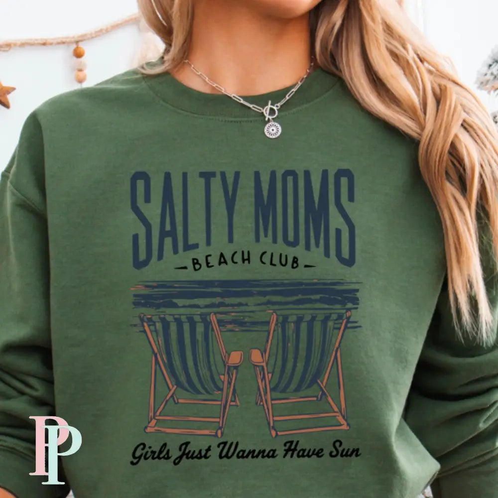 Salty Moms Beach Club Crewneck Sweatshirt Military Green / Small