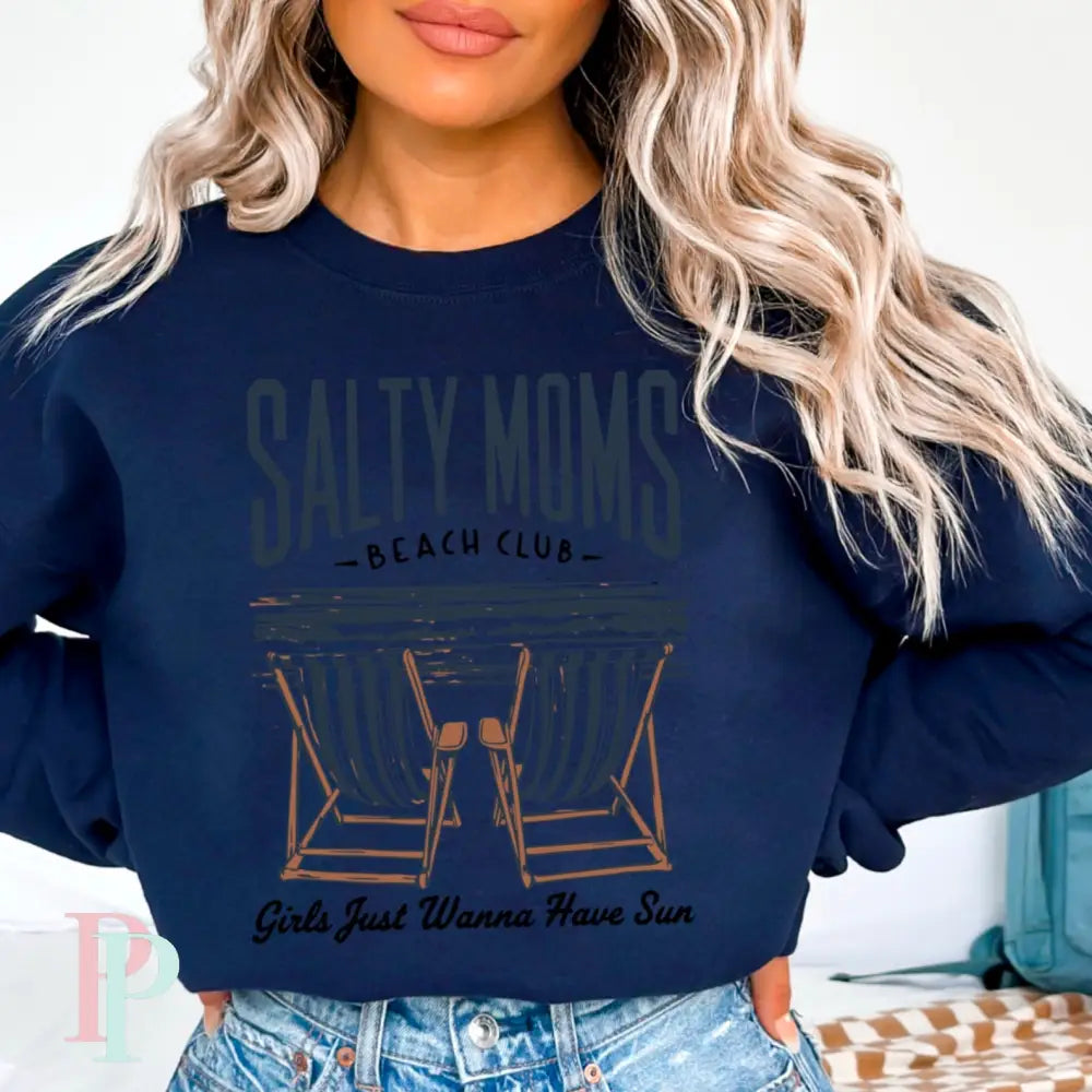 Salty Moms Beach Club Crewneck Sweatshirt Navy / Small