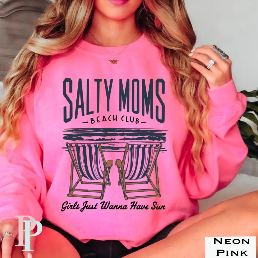 Salty Moms Beach Club Crewneck Sweatshirt Neon Pink / Small
