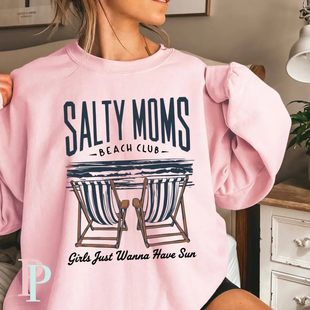 Salty Moms Beach Club Crewneck Sweatshirt Pink / Small