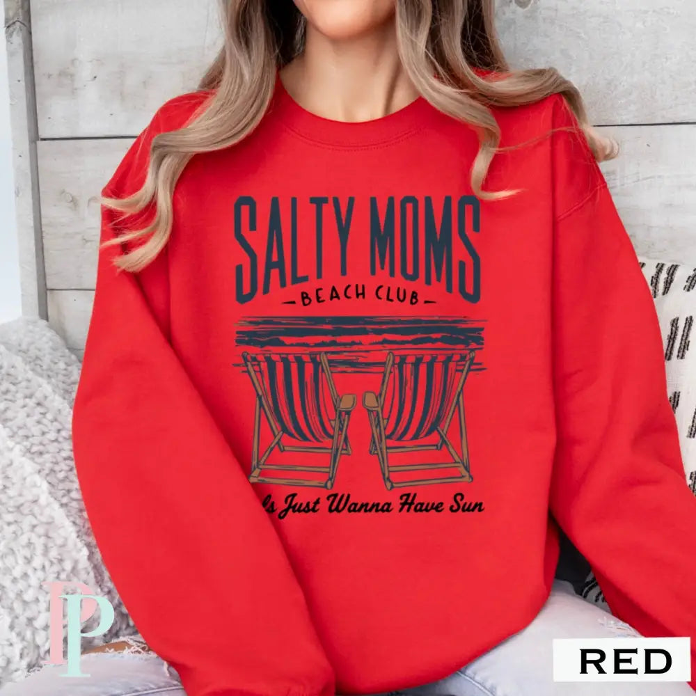 Salty Moms Beach Club Crewneck Sweatshirt Red / Small