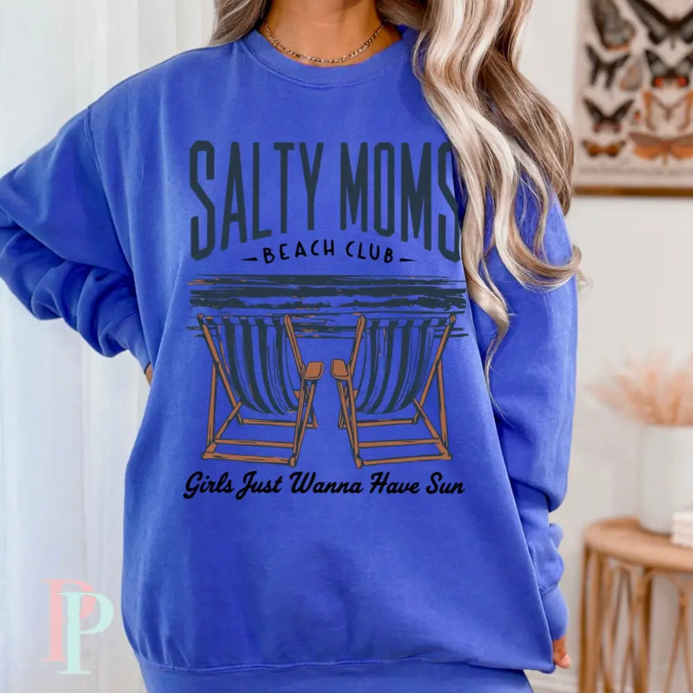 Salty Moms Beach Club Crewneck Sweatshirt Royal Blue / Small