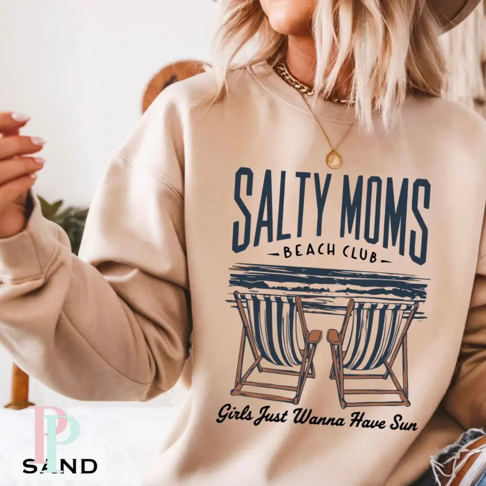 Salty Moms Beach Club Crewneck Sweatshirt Sand / Small