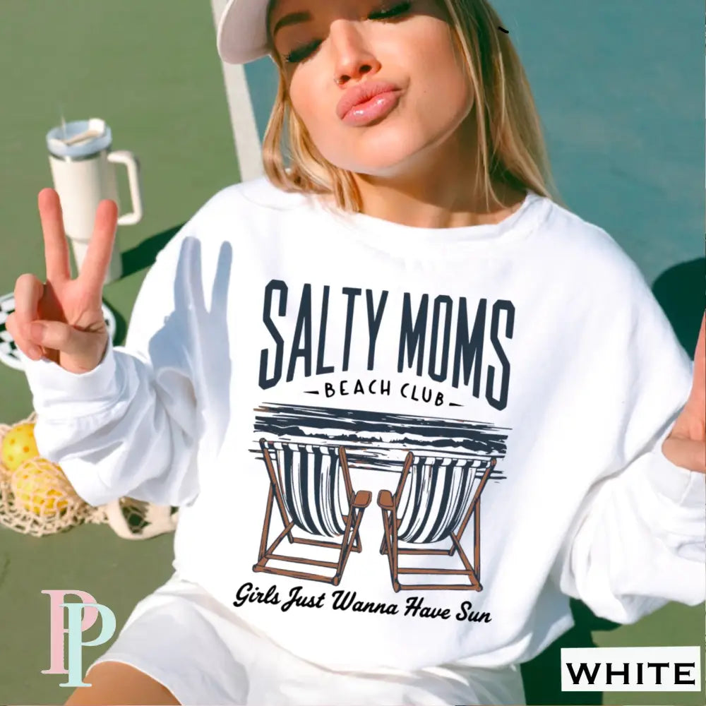 Salty Moms Beach Club Crewneck Sweatshirt White / Small