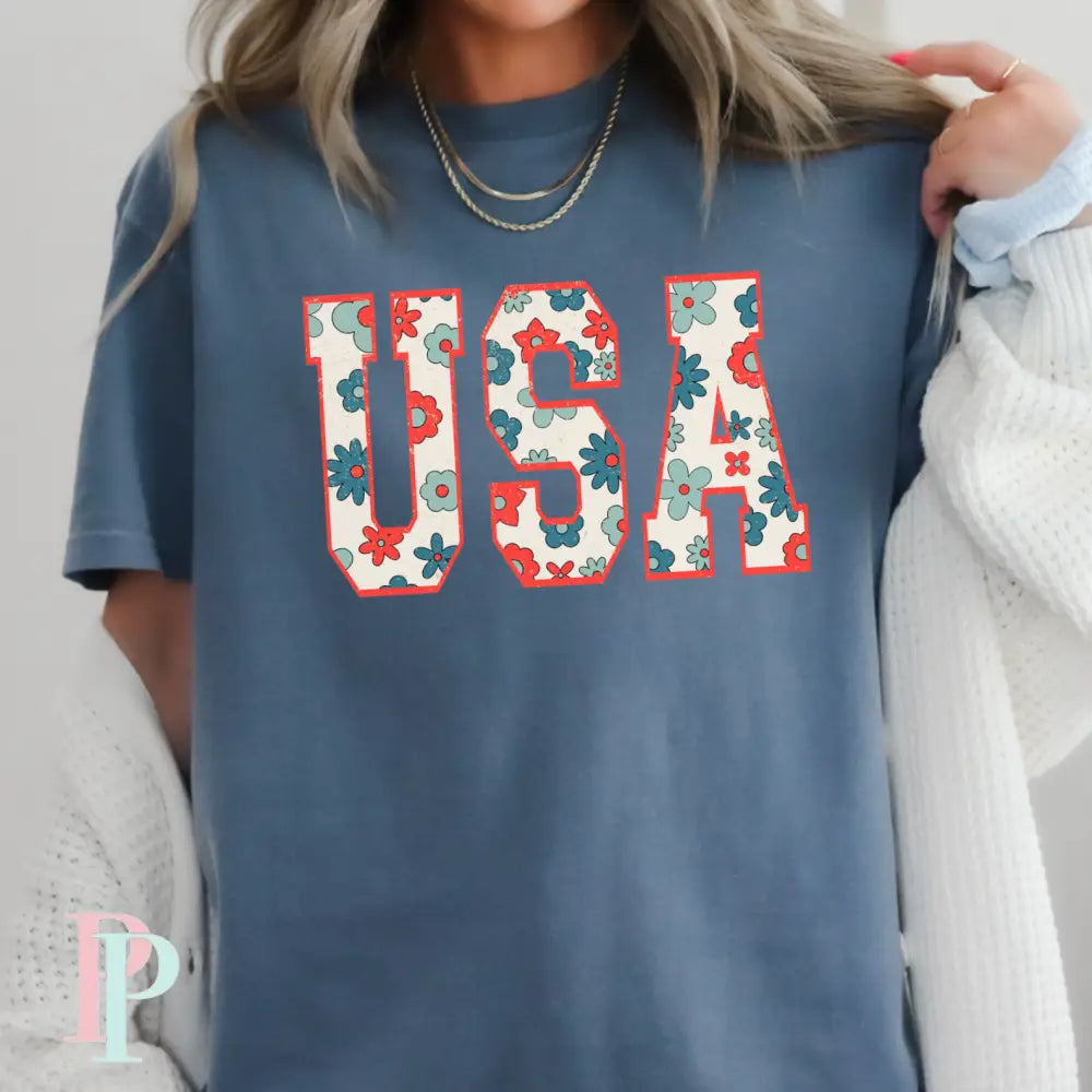 USA Floral Comfort Color Graphic Tee