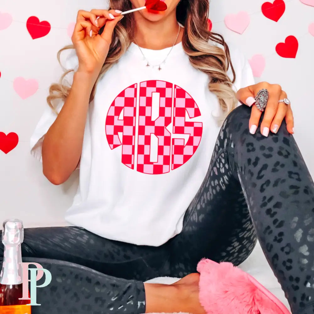 Valentine Pink Checkered Monogram Graphic Tee