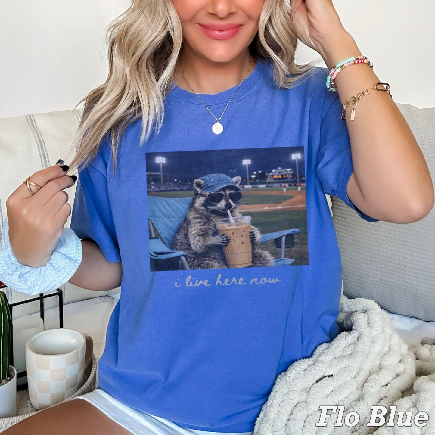 I Live Here Now Raccoon Baseball Comfort Color Graphic Tee