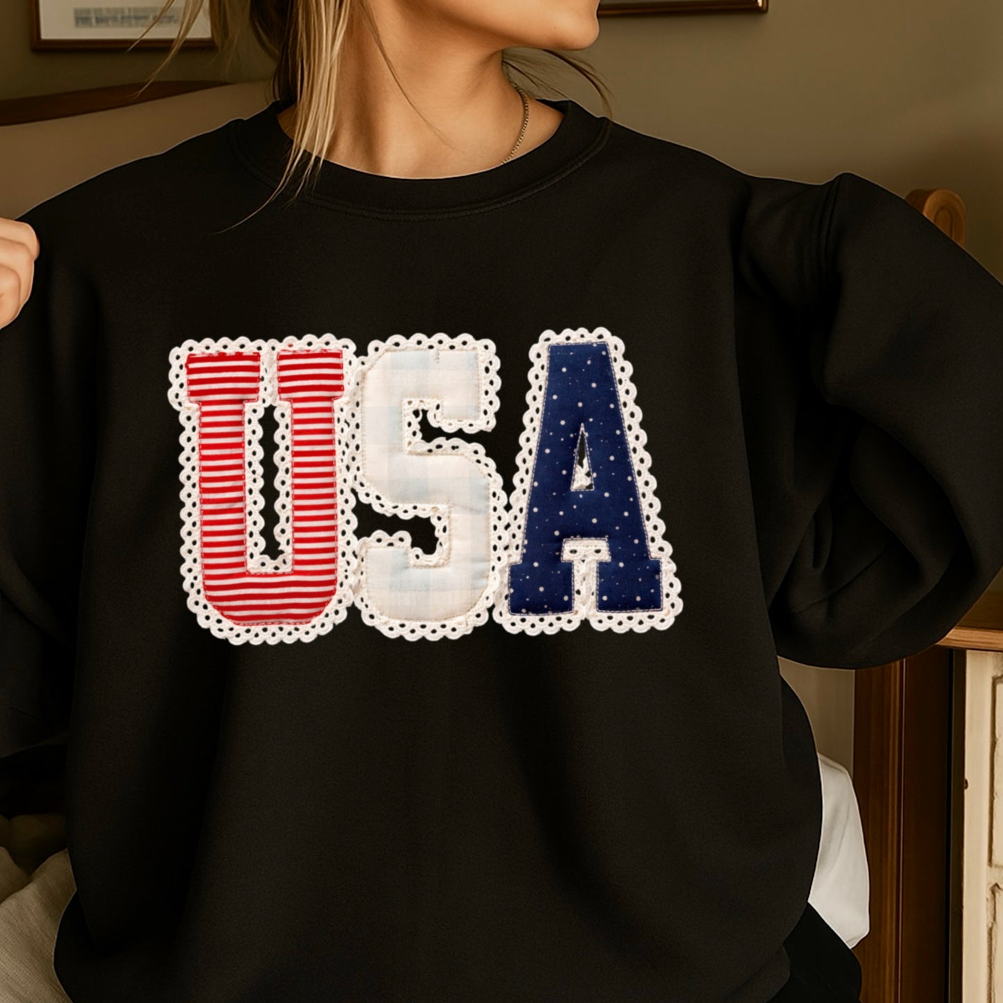 USA Quilted Lace Crewneck Sweatshirt