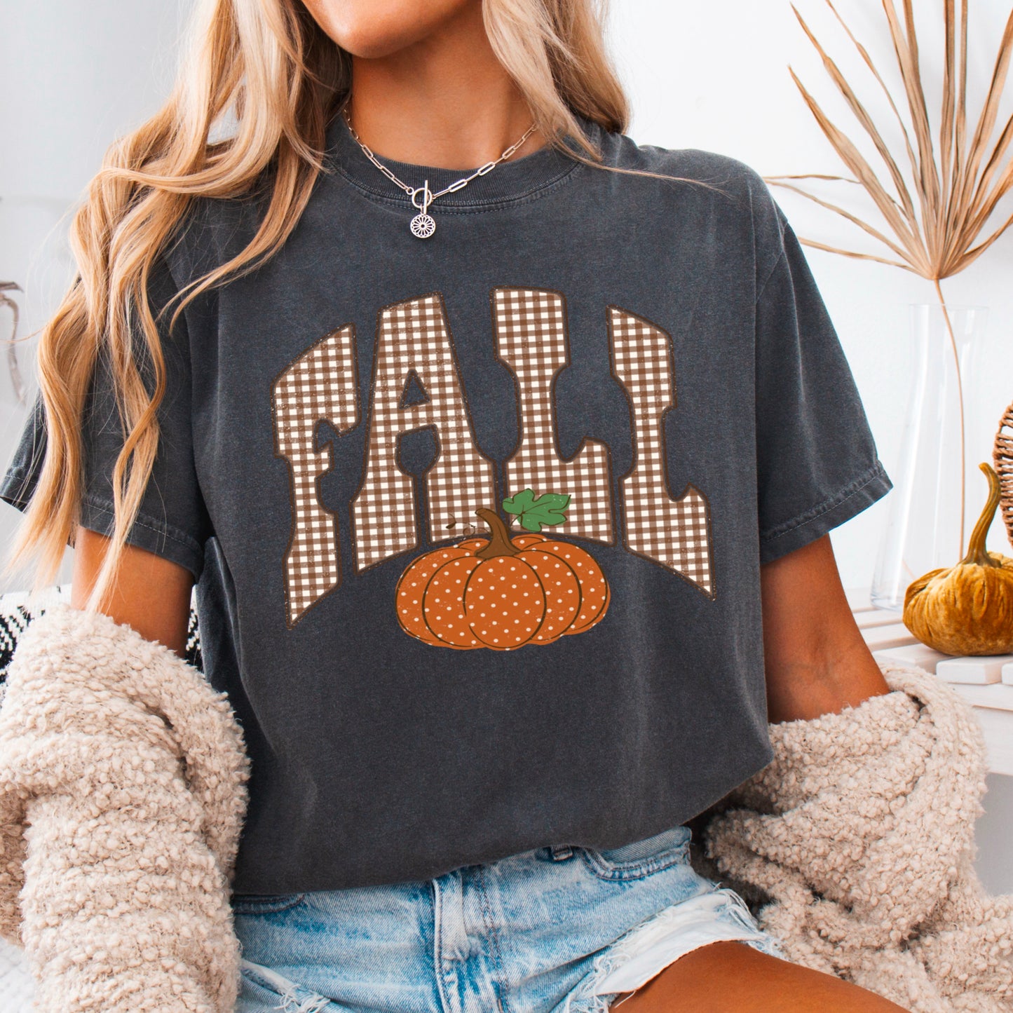 Gingham Fall Pumpkin Comfort Color Graphic Tee