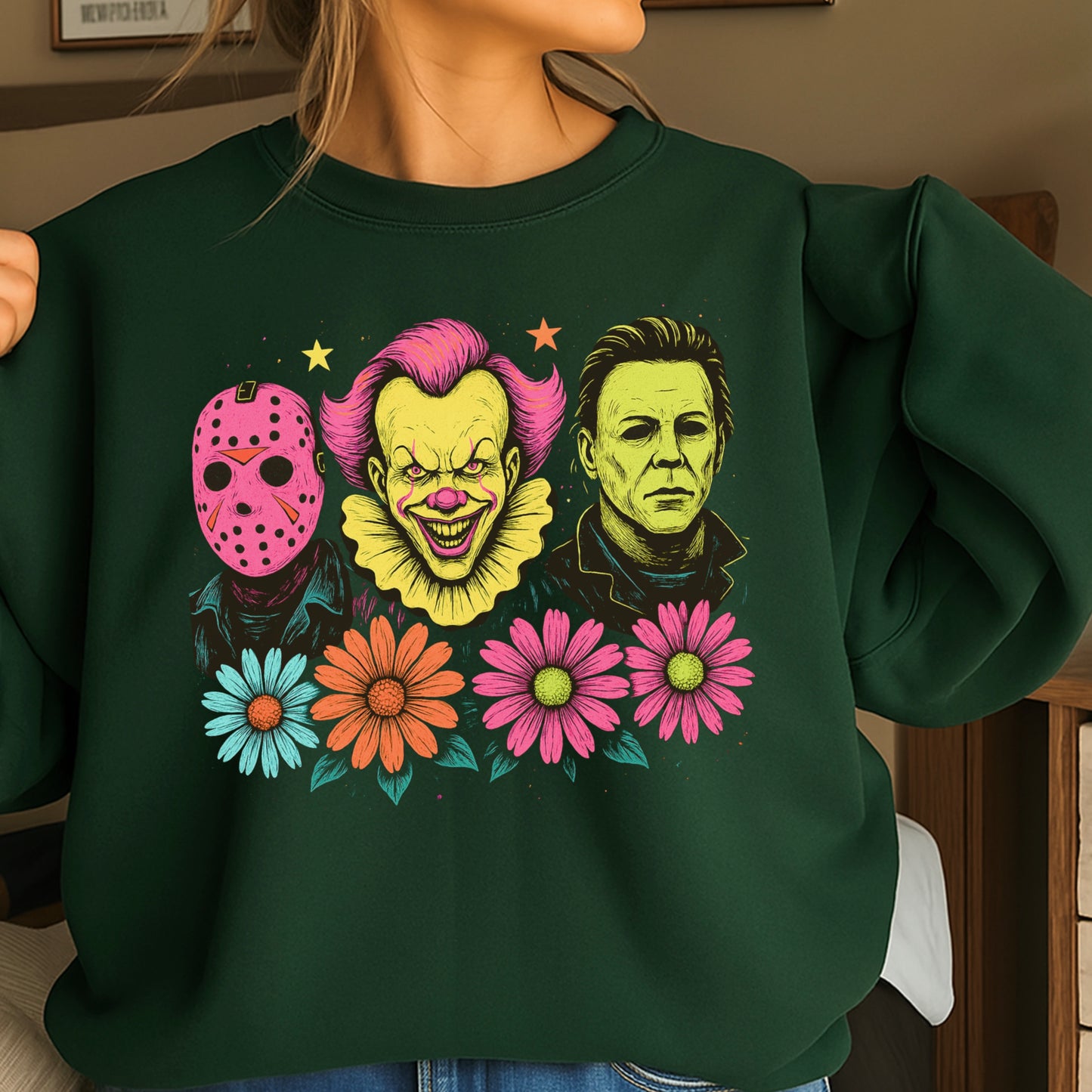 Floral Horror Film Characters Halloween Crewneck Sweatshirt