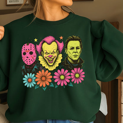 Floral Horror Film Characters Halloween Crewneck Sweatshirt