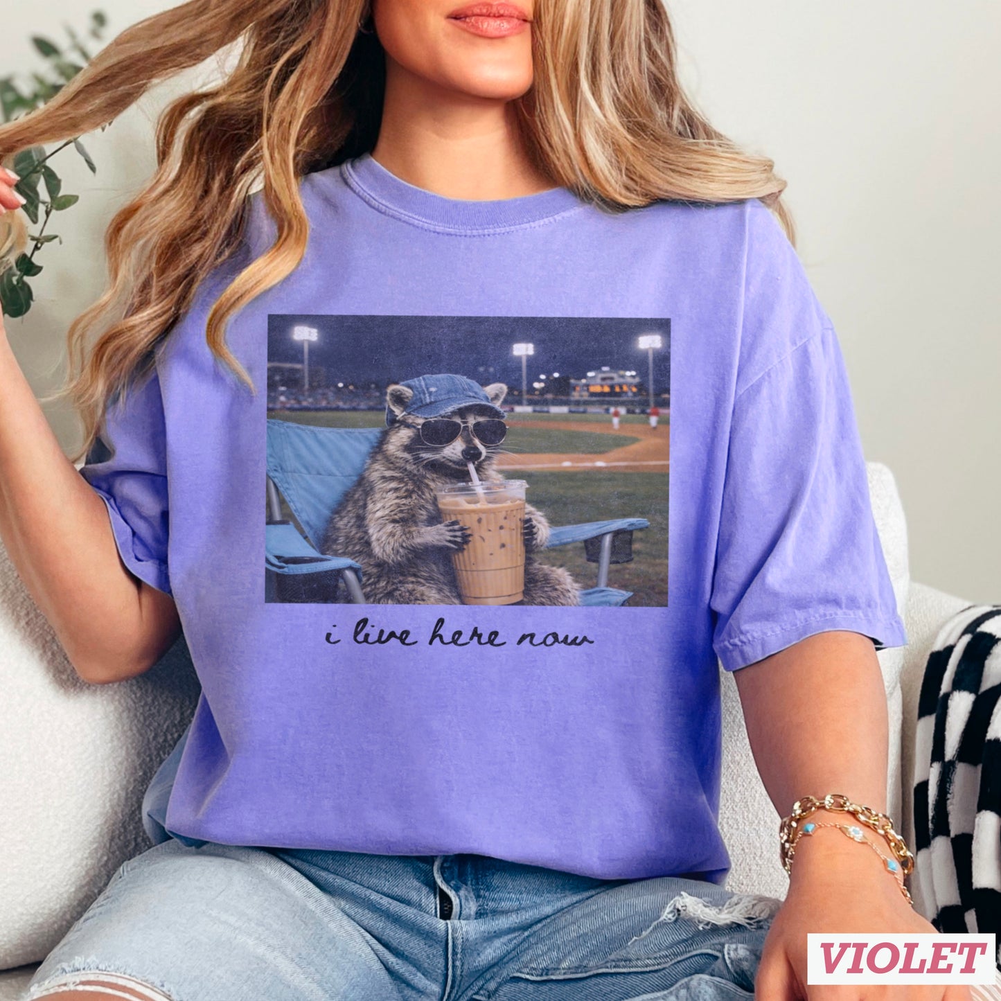 I Live Here Now Raccoon Baseball Comfort Color Graphic Tee