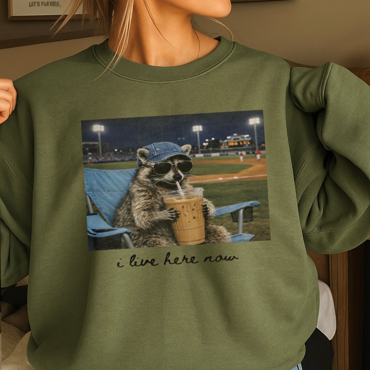 I Live Here Now Raccoon Baseball Crewneck Sweatshirt