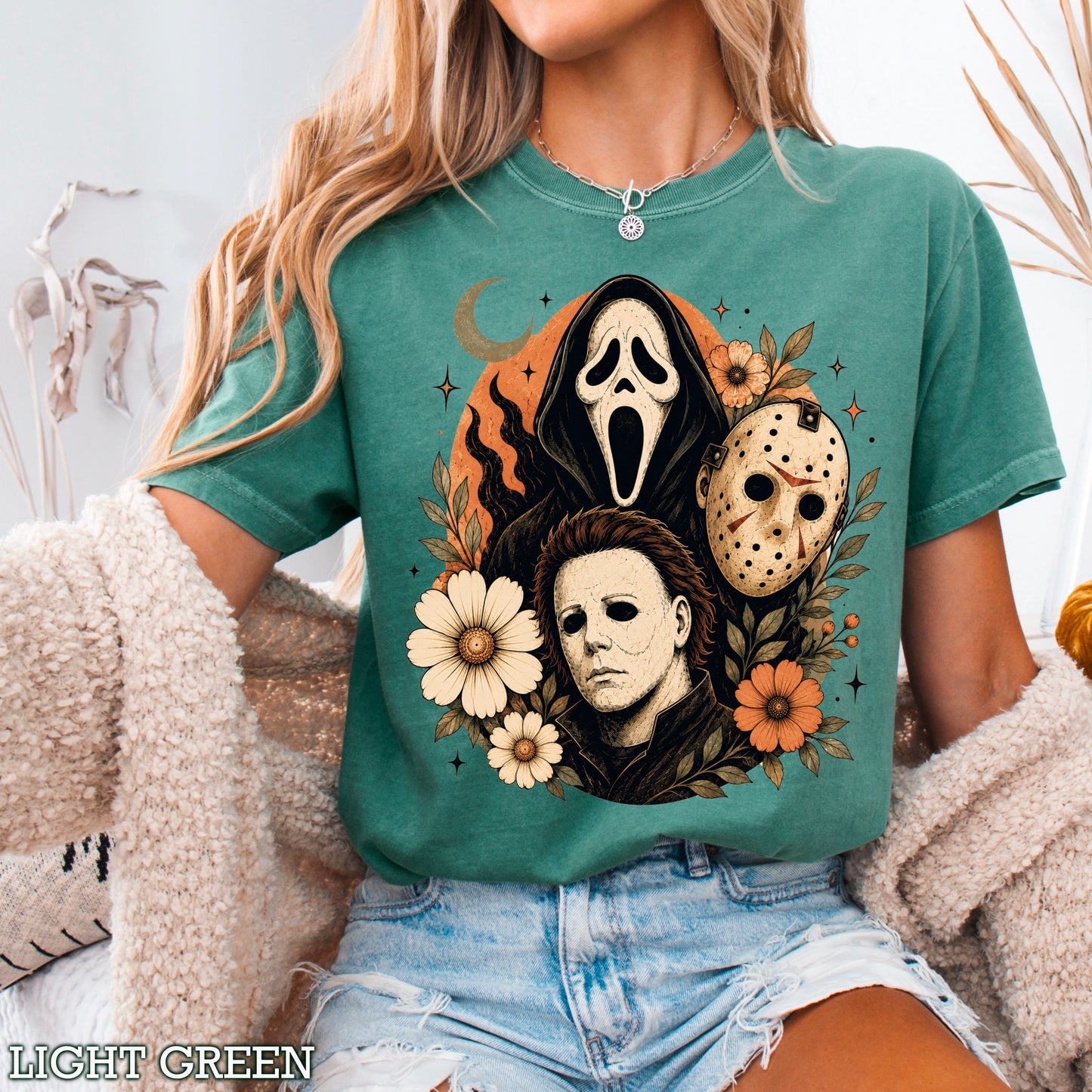 Floral Halloween Characters Comfort Color Graphic Tee