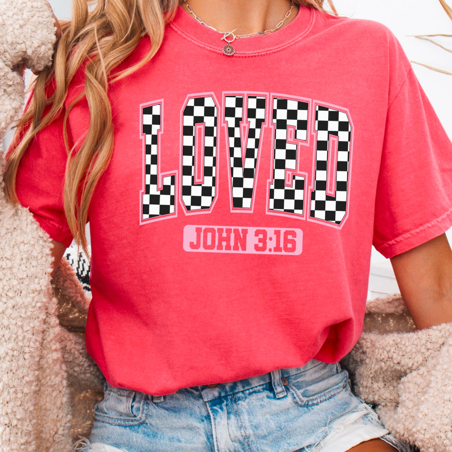 Checkered Loved John 3:16 Valentine’s Day Comfort Color Graphic Tee