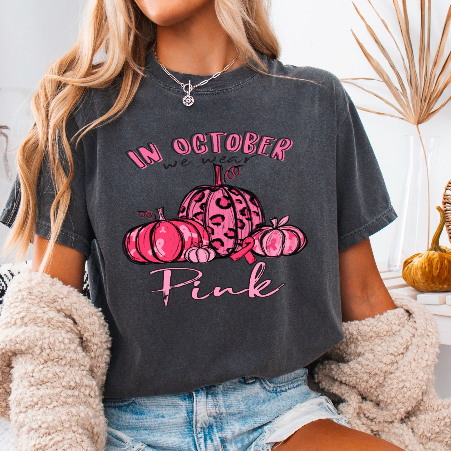 In October We Wear Pink Cancer Comfort Color Graphic Tee
