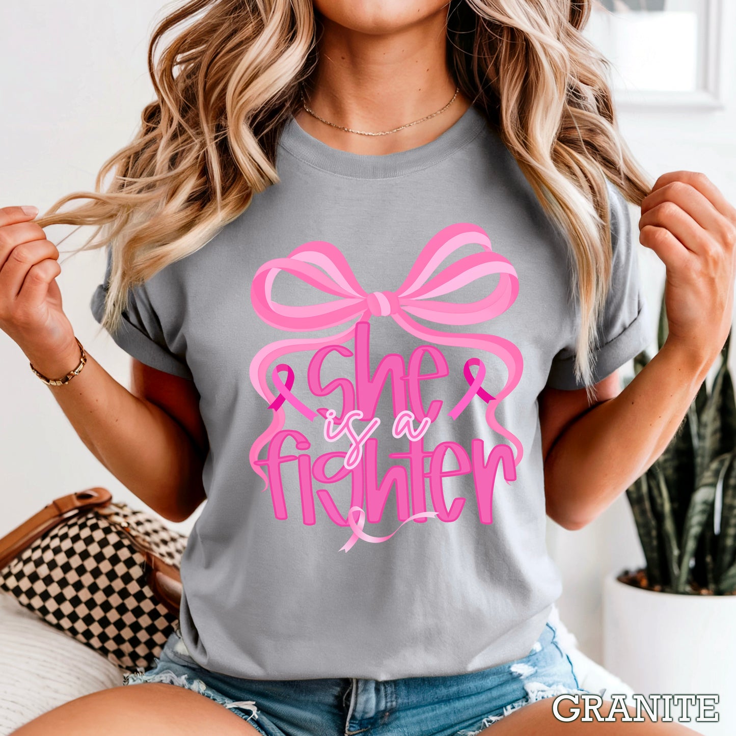 She Is A Fighter Breast Cancer Comfort Color Graphic Tee