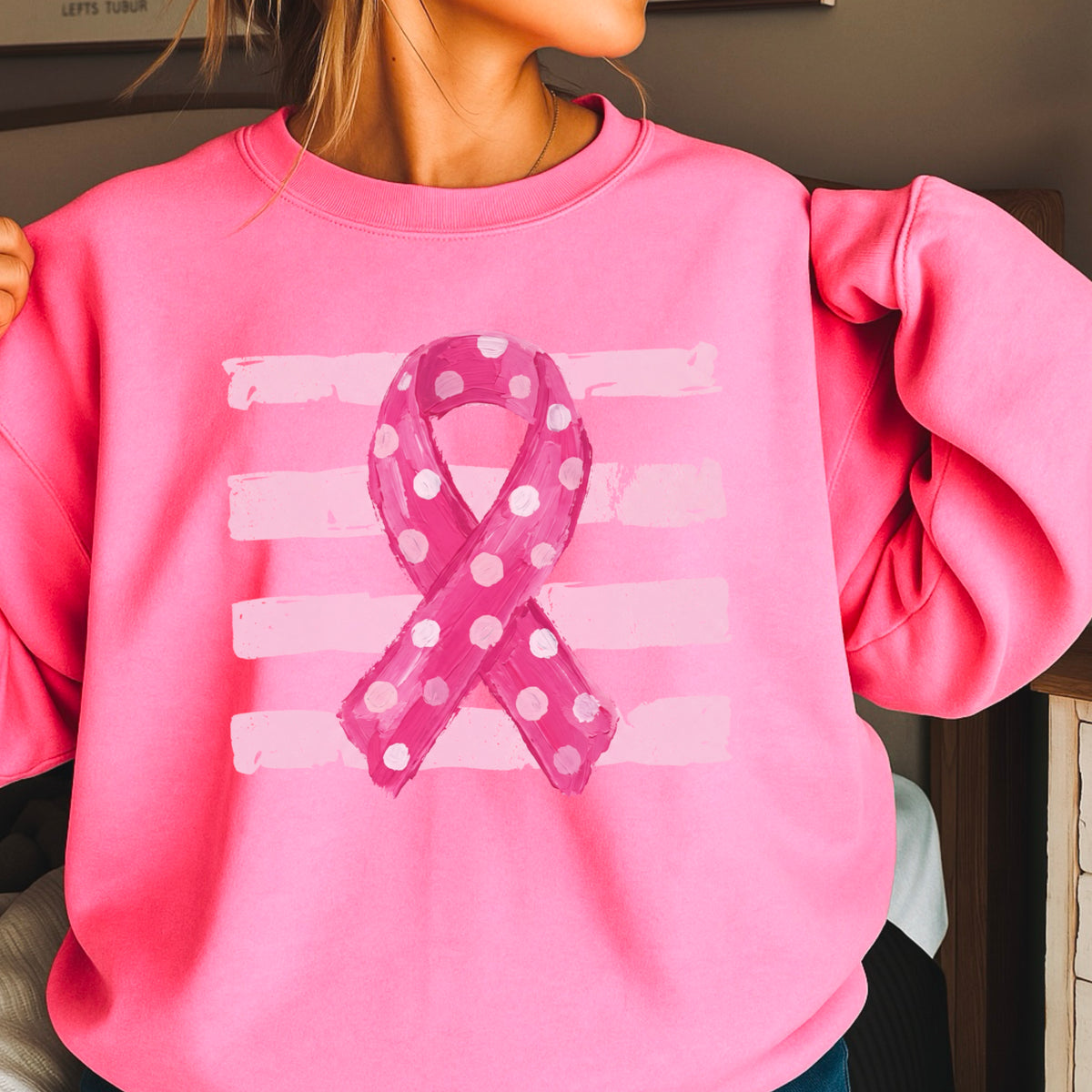 Polka Dot Cancer Awareness Ribbon Crewneck Sweatshirt