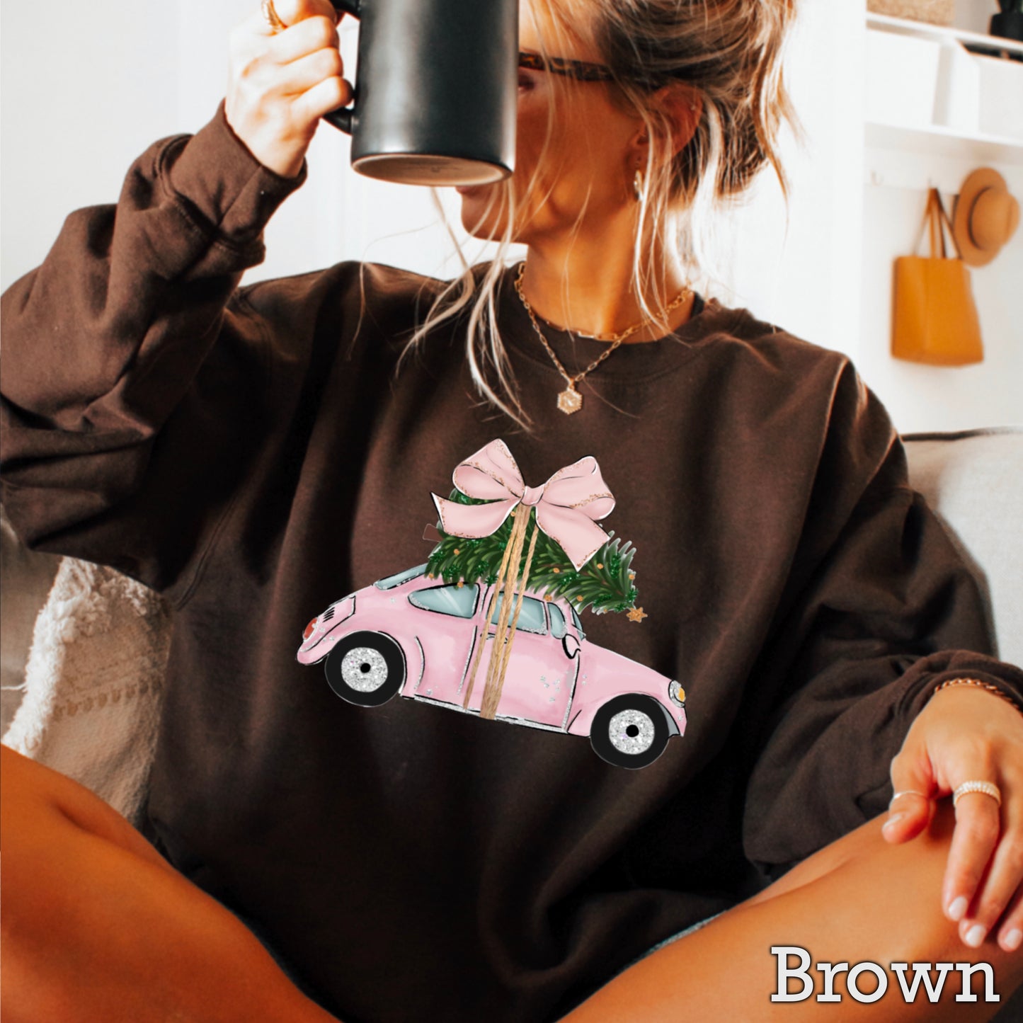 Pink Christmas Car Crewneck Sweatshirt