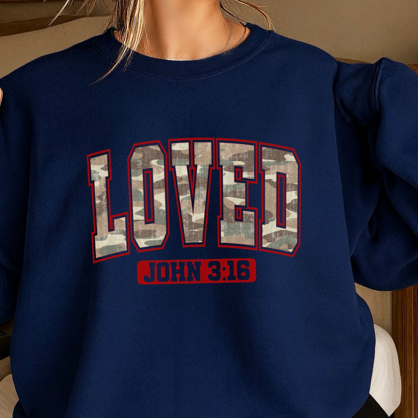 Camo Loved John 3:16 Valentine’s Day Crewneck Sweatshirt