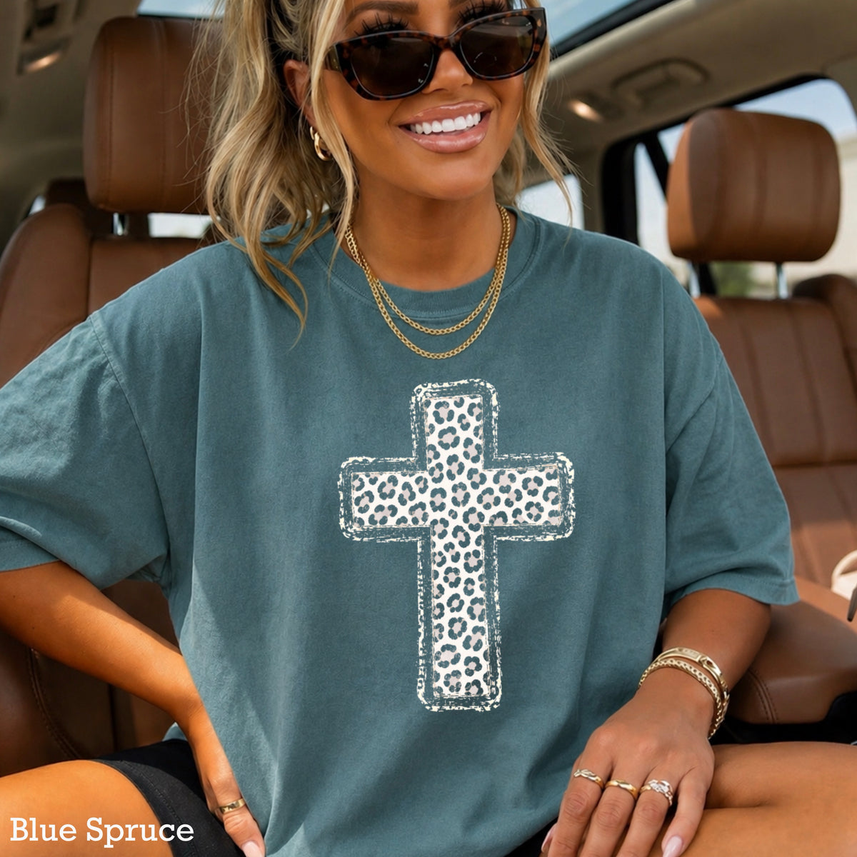 Snow Leopard Cross Christian Comfort Color Graphic Tee