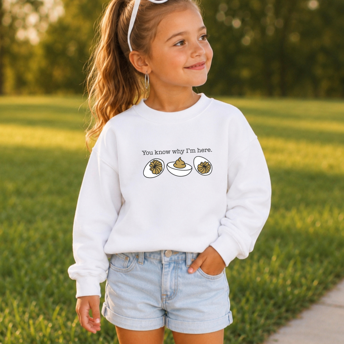 Deviled Eggs You Know Why I'm Here Youth Crewneck Sweatshirt