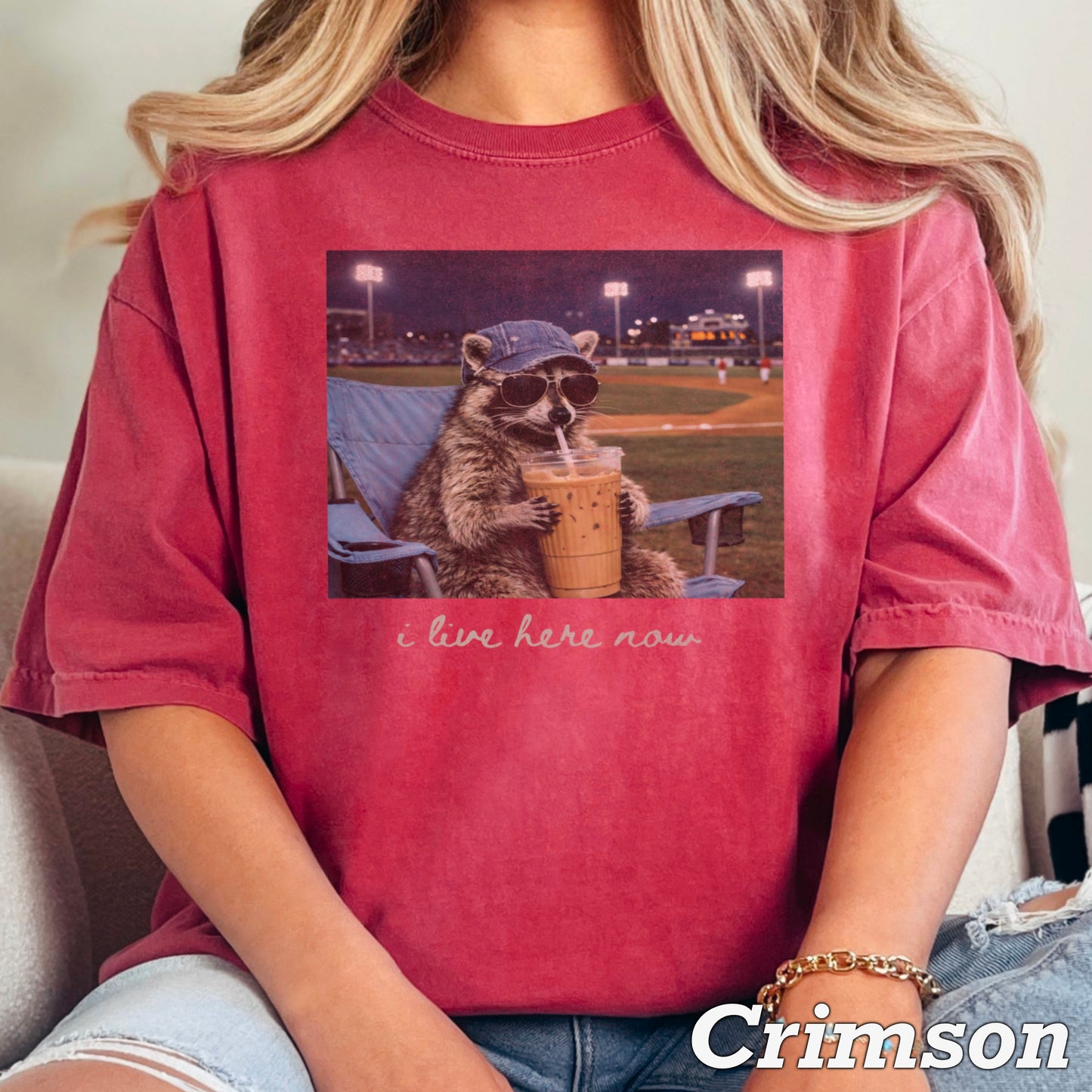 I Live Here Now Raccoon Baseball Comfort Color Graphic Tee