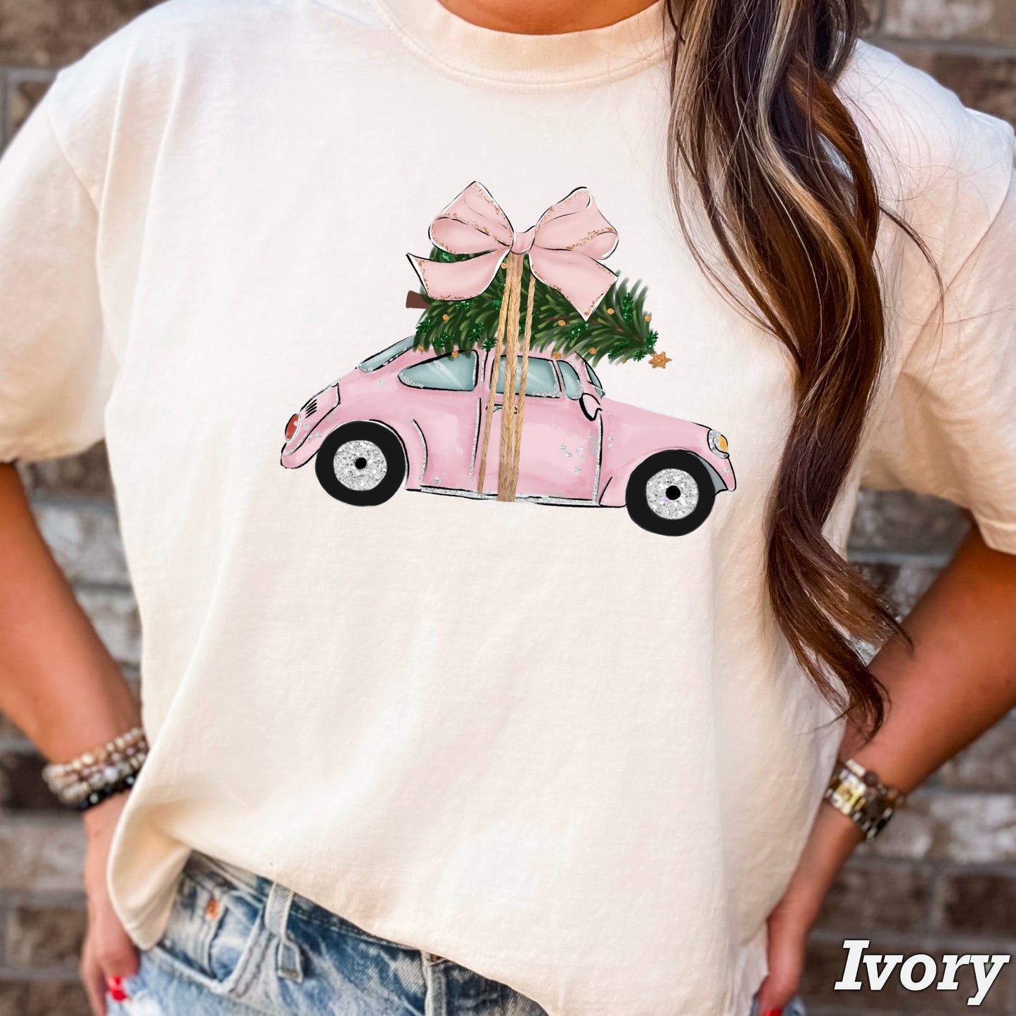 Pink Christmas Car Comfort Color Graphic Tee