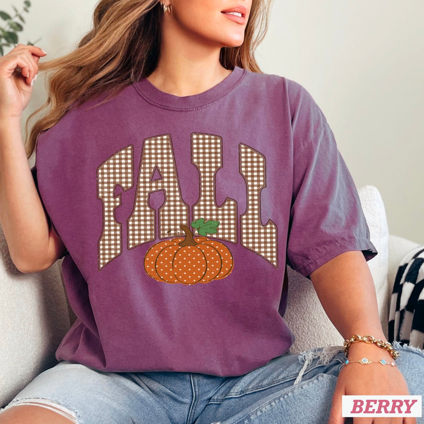 Gingham Fall Pumpkin Comfort Color Graphic Tee