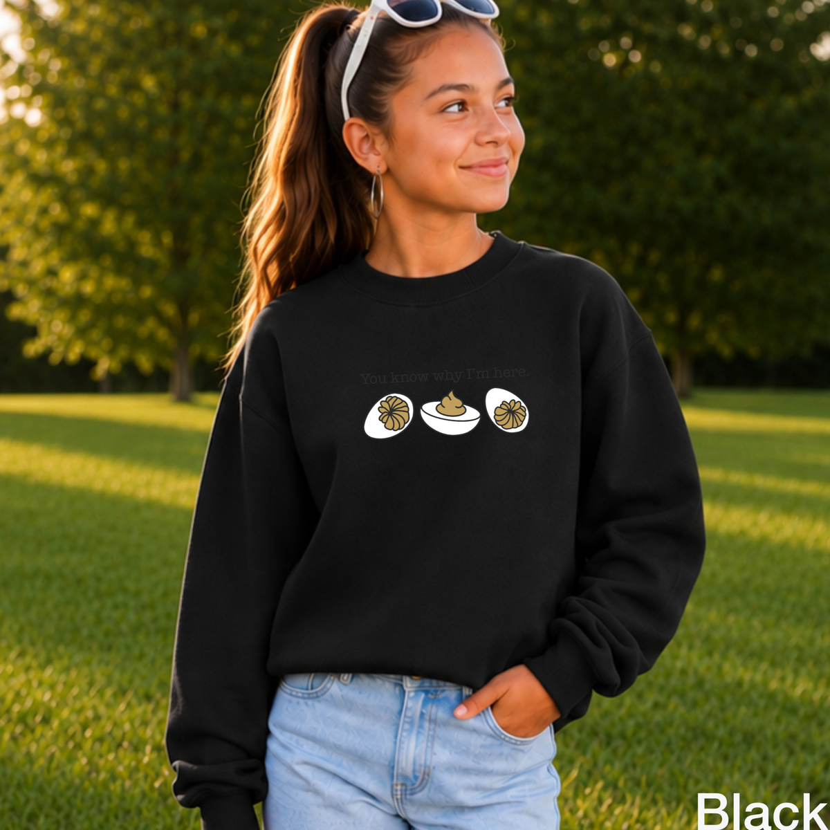Deviled Eggs You Know Why I'm Here Youth Crewneck Sweatshirt