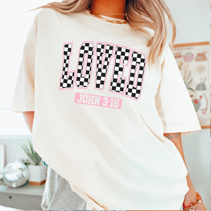 Checkered Loved John 3:16 Valentine’s Day Comfort Color Graphic Tee