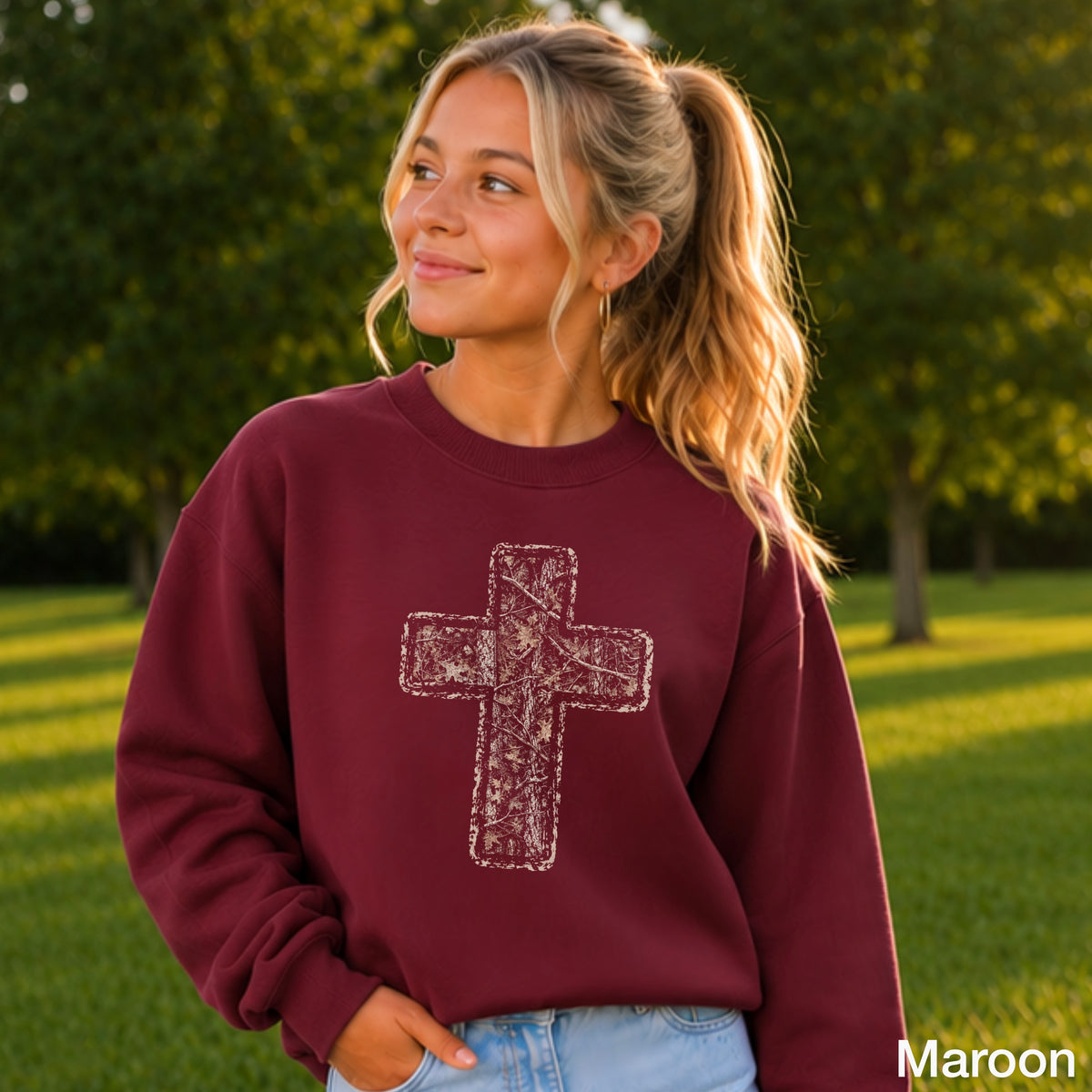 Camo Cross Christian Youth Crewneck Sweatshirt