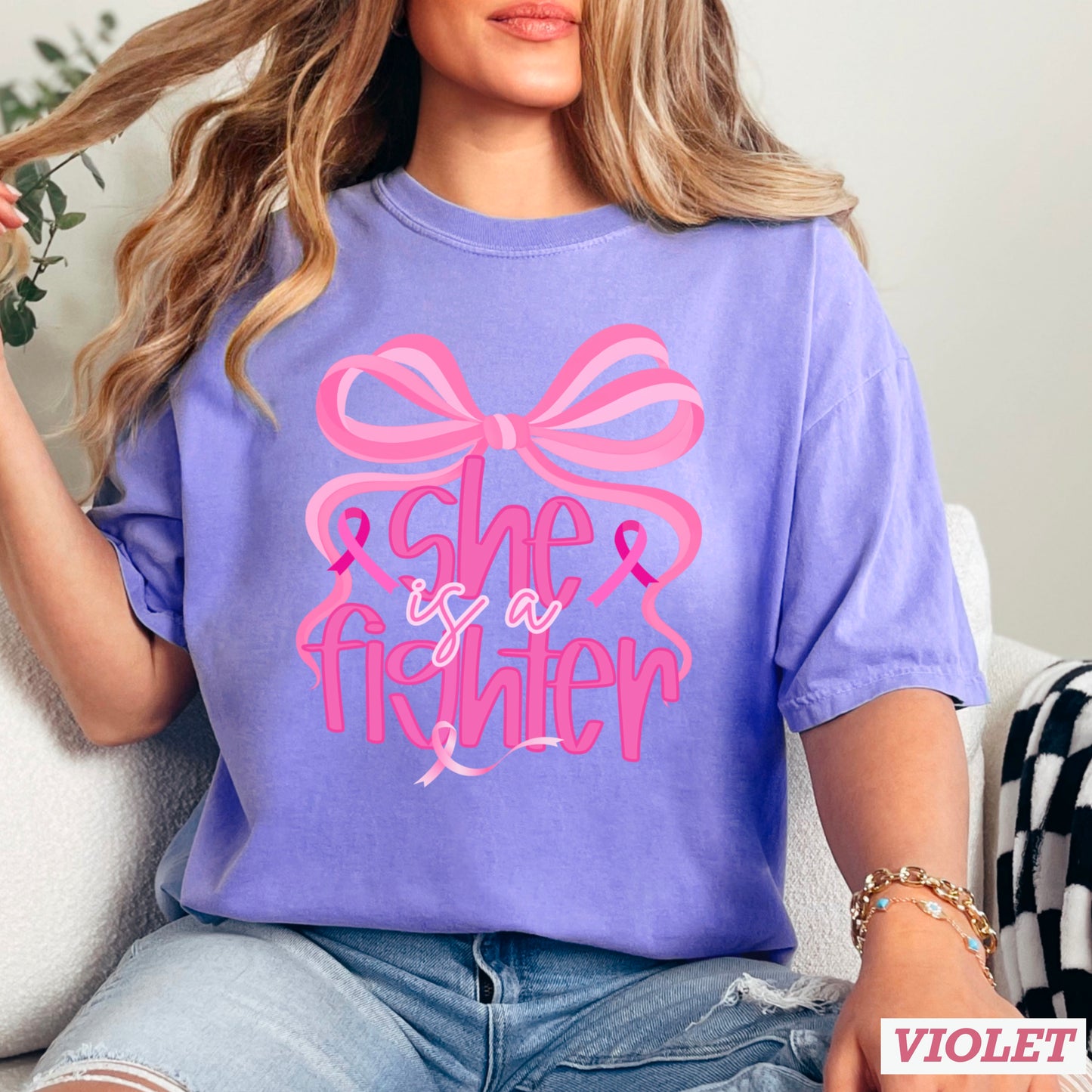 She Is A Fighter Breast Cancer Comfort Color Graphic Tee
