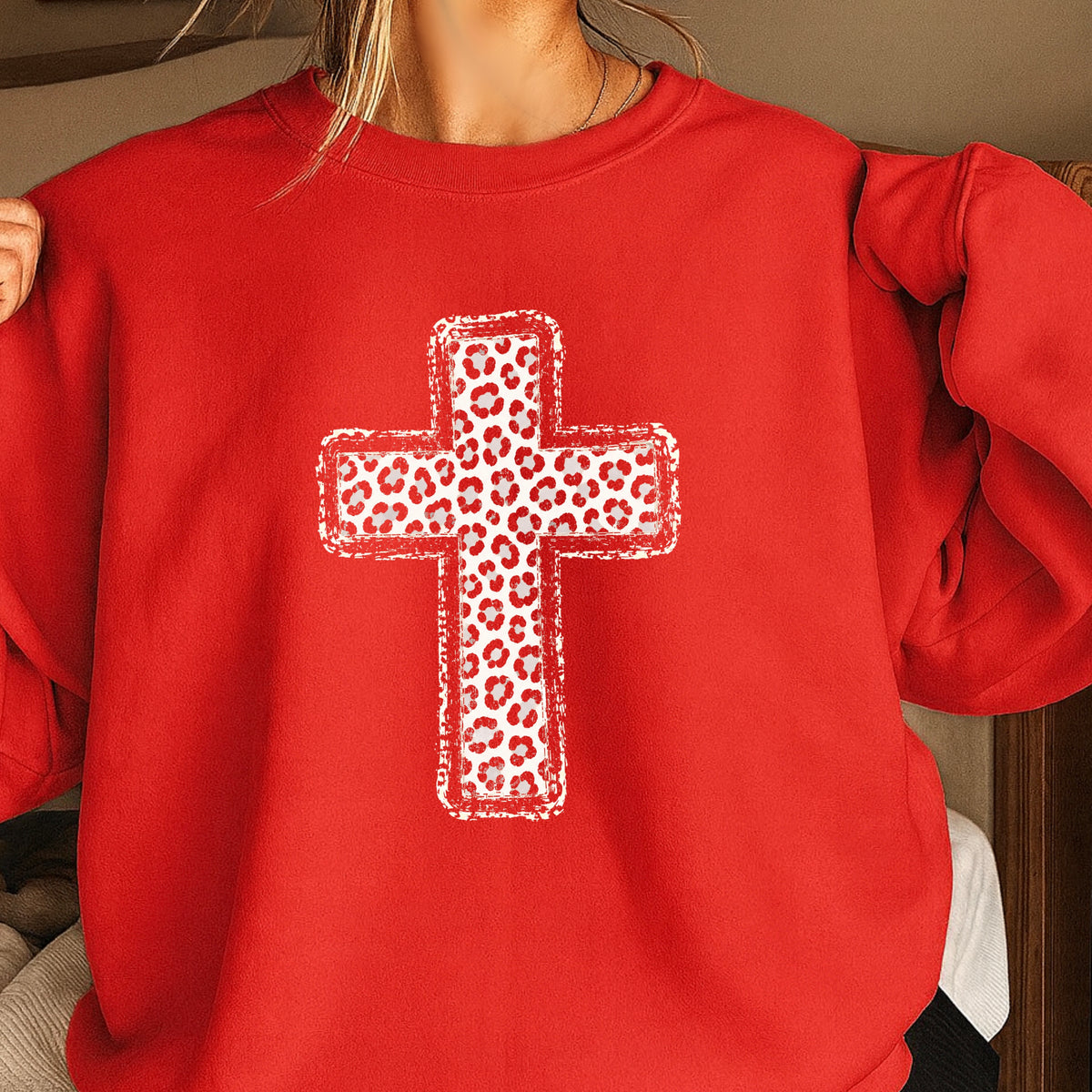 Snow Leopard Cross Christian Crewneck Sweatshirt